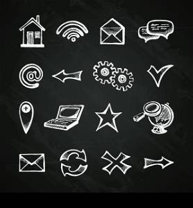 Chalkboard internet icons set with computer arrow mail home symbols isolated vector illustration