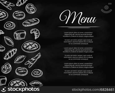 Chalkboard menu background with bakery products. Chalkboard menu background with hand drawn bakery products. Vector illustration