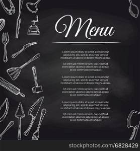 Chalkboard menu poster with kitchen utensils. Chalkboard menu poster design with kitchen utensils, vector illustration