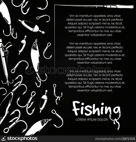 Chalkboard poster or banner with fishing accesories and equipment. Vector illustration. Poster fishing banner