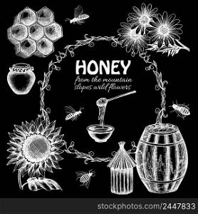 Chalkboard sketch honey plants and bees decorative icons set isolated vector illustration. Chalkboard honey set