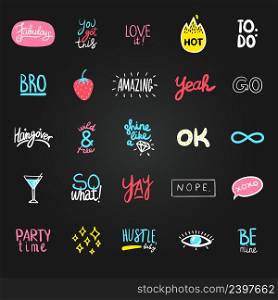 Chalkboard stickers set of twenty five isolated colorful labels with party symbols signs and decorative text vector illustration. Flat Chalkboard Stickies Set