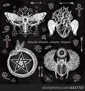 Chalkboard Tattoo Set. Chalkboard tattoo set butterfly burning heart snake circled with star and scarab with wings isolated vector illustration