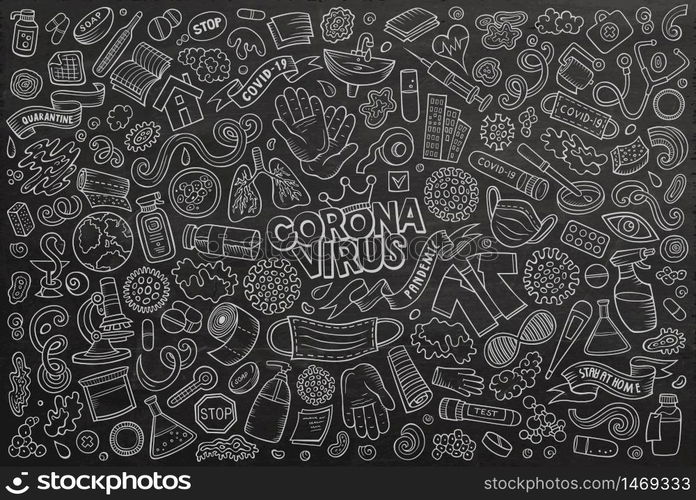 Chalkboard vector hand drawn doodle cartoon set of Cronavirus theme items, objects and symbols. Doodle cartoon set of Coronavirus theme objects