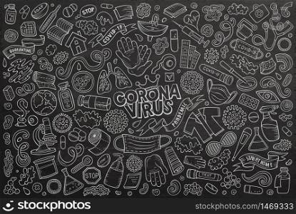 Chalkboard vector hand drawn doodle cartoon set of Cronavirus theme items, objects and symbols. Doodle cartoon set of Coronavirus theme objects