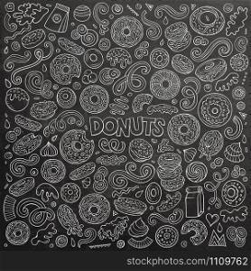 Chalkboard vector hand drawn doodle cartoon set of Donuts objects and symbols. Vector cartoon set of Donuts objects and symbols