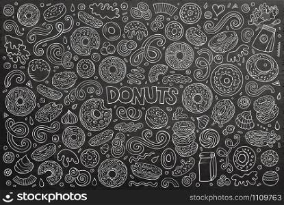 Chalkboard vector hand drawn doodle cartoon set of Donuts objects and symbols. Vector cartoon set of Donuts objects and symbols