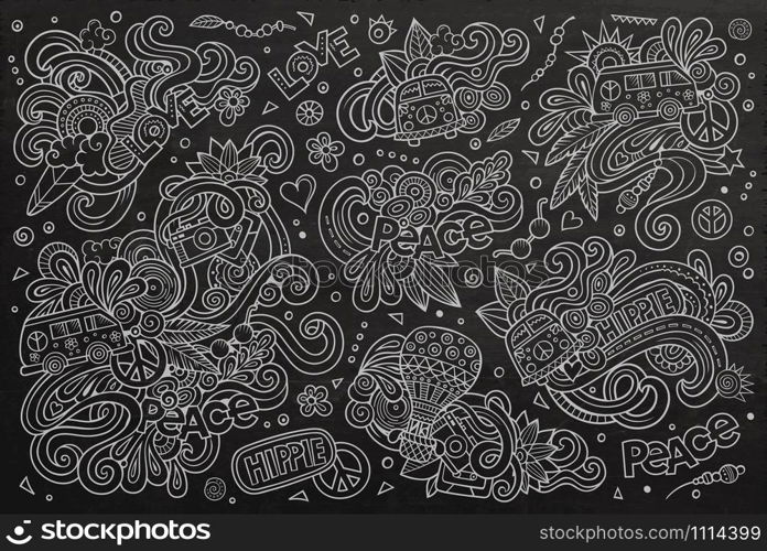 Chalkboard vector hand drawn Doodle cartoon set of hippie objects and symbols. Chalkboard set of hippie object