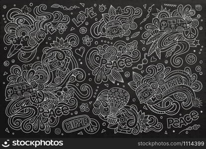 Chalkboard vector hand drawn Doodle cartoon set of hippie objects and symbols. Chalkboard set of hippie object