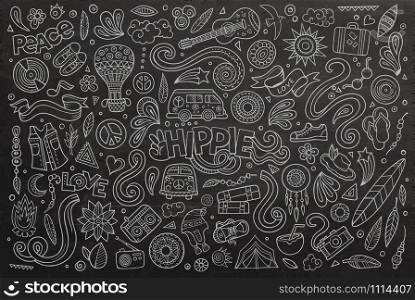 Chalkboard vector hand drawn Doodle cartoon set of hippie objects and symbols. Chalkboard set of hippie object