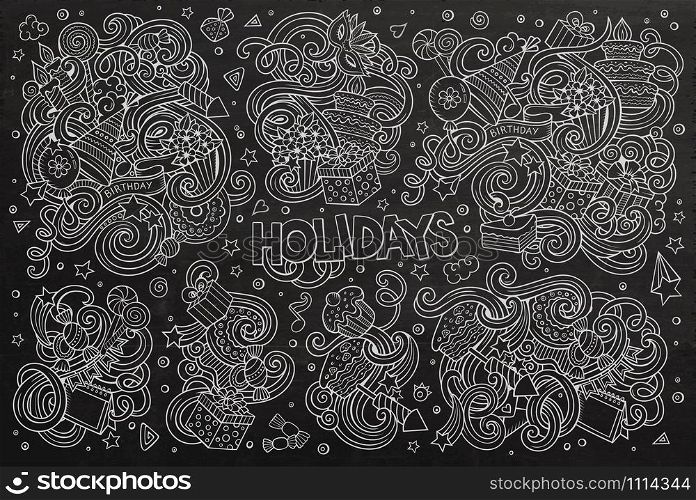 Chalkboard vector hand drawn Doodle cartoon set of holidays objects and symbols. Chalkboard set of holidays objects