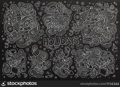 Chalkboard vector hand drawn Doodle cartoon set of holidays objects and symbols. Chalkboard set of holidays objects