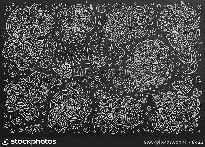 Chalkboard vector hand drawn Doodle cartoon set of marine life objects and symbols. Line art set of marine life objects