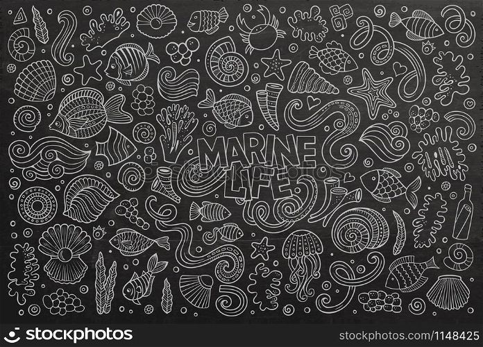 Chalkboard vector hand drawn Doodle cartoon set of marine life objects and symbols. Chalkboard set of marine life objects