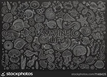 Chalkboard vector hand drawn Doodle cartoon set of marine life objects and symbols. Chalkboard set of marine life objects