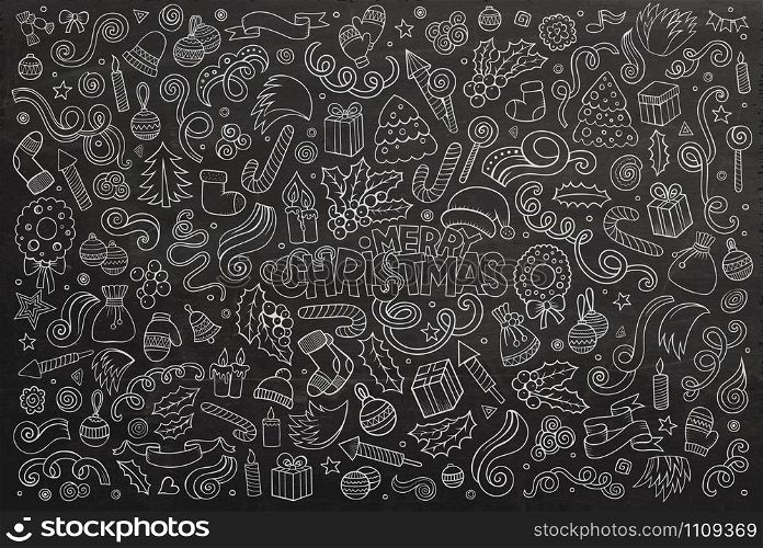 Chalkboard vector hand drawn Doodle cartoon set of objects and symbols on the Merry Christmas theme. Chalkboard vector hand drawn Doodle cartoon set of Christmas objects