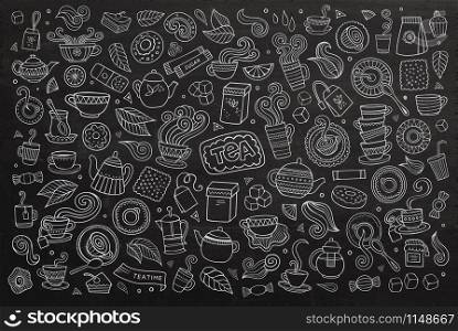 Chalkboard vector hand drawn Doodle cartoon set of objects and symbols on the tea time theme. Chalkboard vector hand drawn Doodle cartoon set of objects