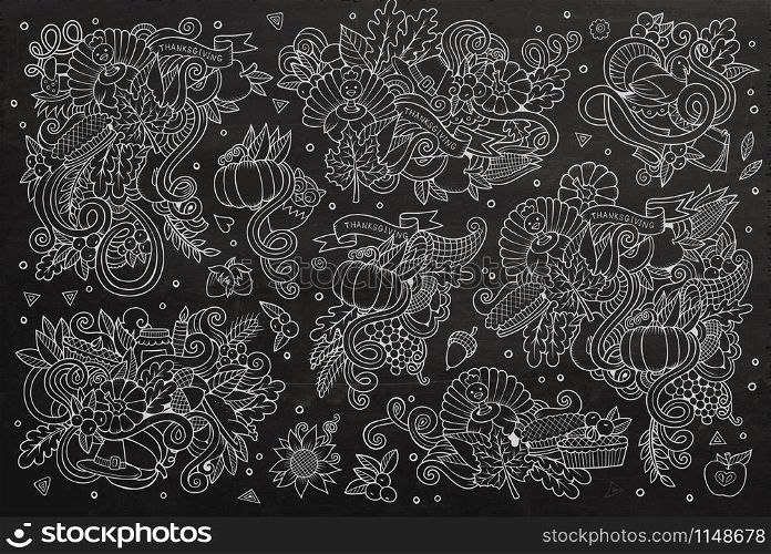 Chalkboard vector hand drawn Doodle cartoon set of objects and symbols on the Thanksgiving autumn theme. Chalkboard vector hand drawn Doodle cartoon set of objects