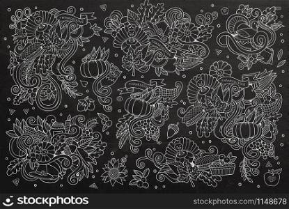 Chalkboard vector hand drawn Doodle cartoon set of objects and symbols on the Thanksgiving autumn theme. Chalkboard vector hand drawn Doodle cartoon set of objects