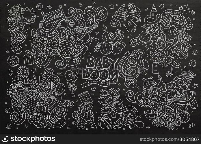 Chalkboard vector hand drawn Doodle cartoon set of objects and symbols on the baby theme. Chalkboard vector hand drawn Doodle cartoon set of objects