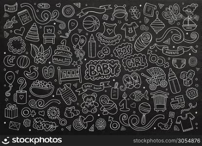 Chalkboard vector hand drawn Doodle cartoon set of objects and symbols on the baby theme. Chalkboard vector hand drawn Doodle cartoon set of objects
