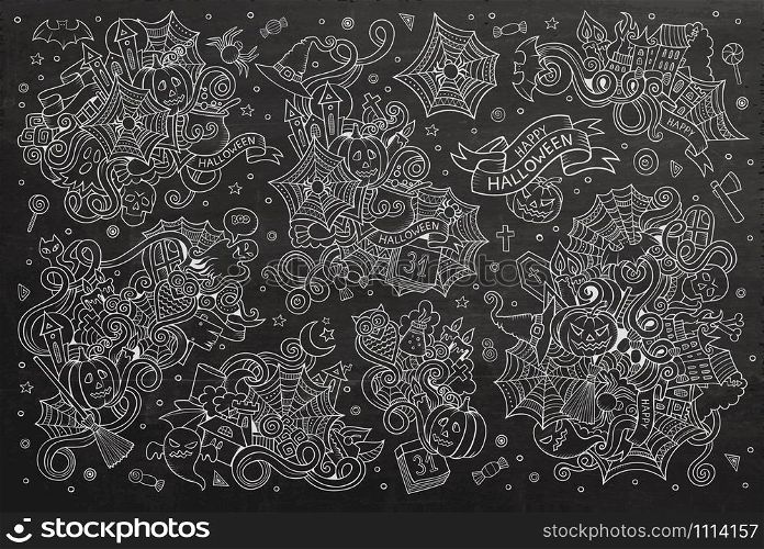 Chalkboard vector hand drawn Doodle cartoon set of objects and symbols on the Halloween theme. Chalkboard vector hand drawn Doodle cartoon set of objects