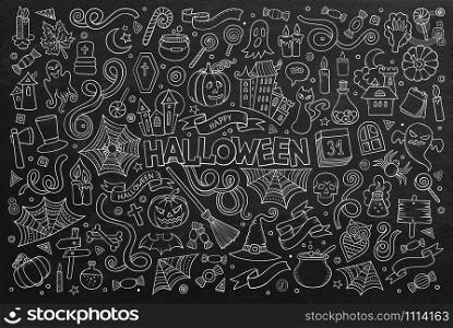 Chalkboard vector hand drawn Doodle cartoon set of objects and symbols on the Halloween theme. Chalkboard vector hand drawn Doodle cartoon set of objects