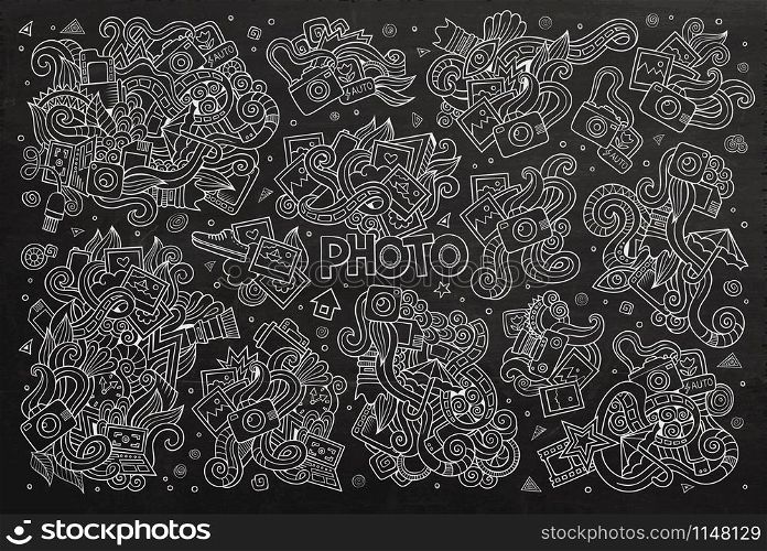 Chalkboard vector hand drawn Doodle cartoon set of objects and symbols on the photo theme. Chalkboard vector hand drawn Doodle cartoon set of objects