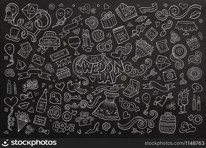Chalkboard vector hand drawn Doodle cartoon set of objects and symbols on the wedding theme. Chalkboard vector hand drawn Doodle cartoon set of objects