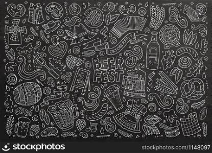 Chalkboard vector hand drawn doodle cartoon set of Oktoberfest theme items, objects and symbols. Vector doodle cartoon set of Oktoberfest objects and symbols