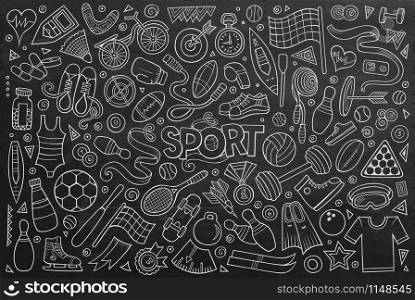 Chalkboard vector hand drawn doodle cartoon set of Sport objects and symbols. Doodle cartoon set of Sport objects and symbols