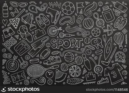 Chalkboard vector hand drawn doodle cartoon set of Sport objects and symbols. Doodle cartoon set of Sport objects and symbols