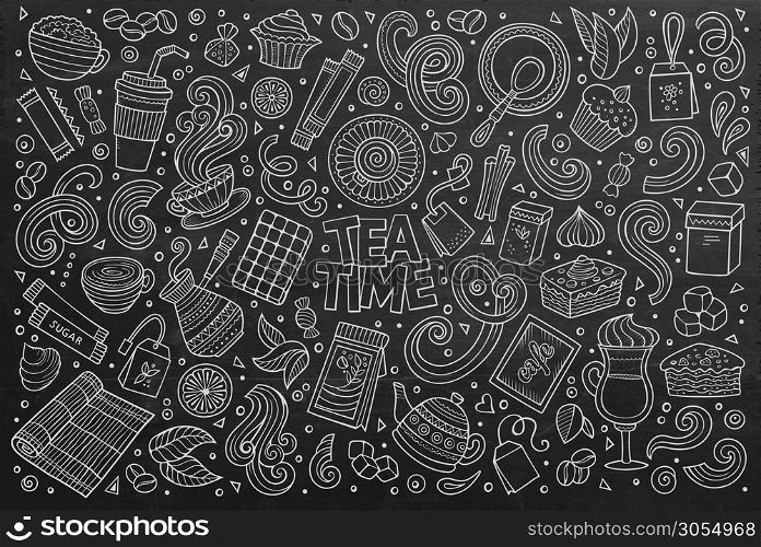 Chalkboard vector hand drawn doodle cartoon set of tea and coffee theme items, objects and symbols. Vector doodle cartoon set of tea and coffe