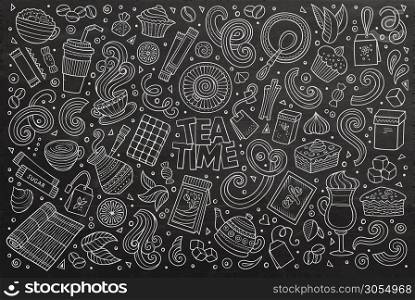 Chalkboard vector hand drawn doodle cartoon set of tea and coffee theme items, objects and symbols. Vector doodle cartoon set of tea and coffe