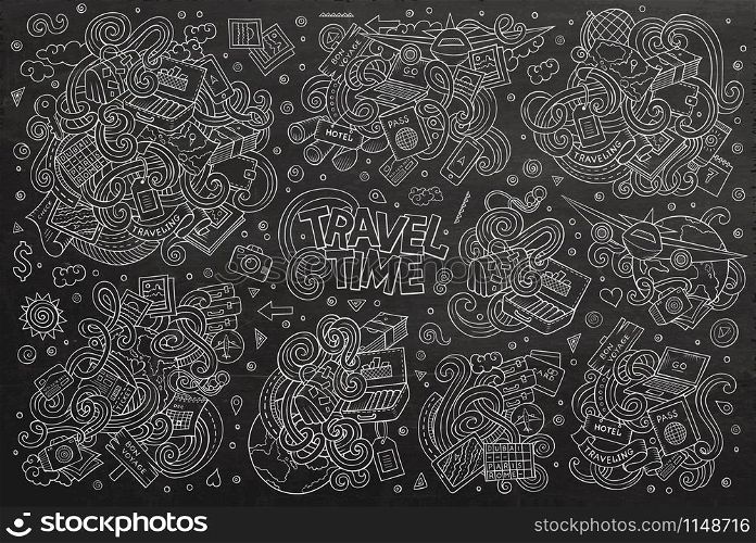 Chalkboard vector hand drawn doodle cartoon set of travel planning theme items, objects and symbols. Vector doodle cartoon set of travel theme items