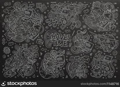 Chalkboard vector hand drawn doodle cartoon set of travel planning theme items, objects and symbols. Vector doodle cartoon set of travel theme items