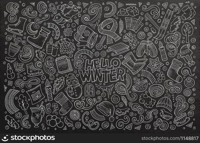 Chalkboard vector hand drawn doodle cartoon set of Winter season objects and symbols. Cartoon set of Winter season objects