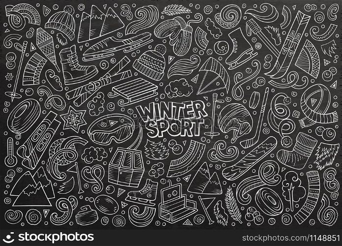 Chalkboard vector hand drawn doodle cartoon set of Winter sports objects and symbols