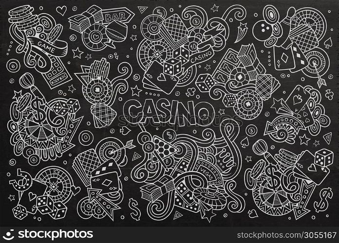 Chalkboard vector hand drawn doodles cartoon set of Casino objects and symbols. Sketchy vector hand drawn doodles cartoon set of Casino objects