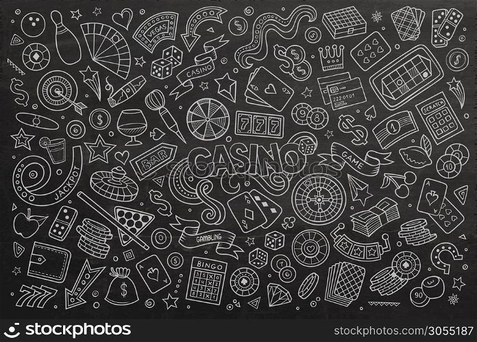 Chalkboard vector hand drawn doodles cartoon set of Casino objects and symbols. Sketchy vector hand drawn doodles cartoon set of Casino objects