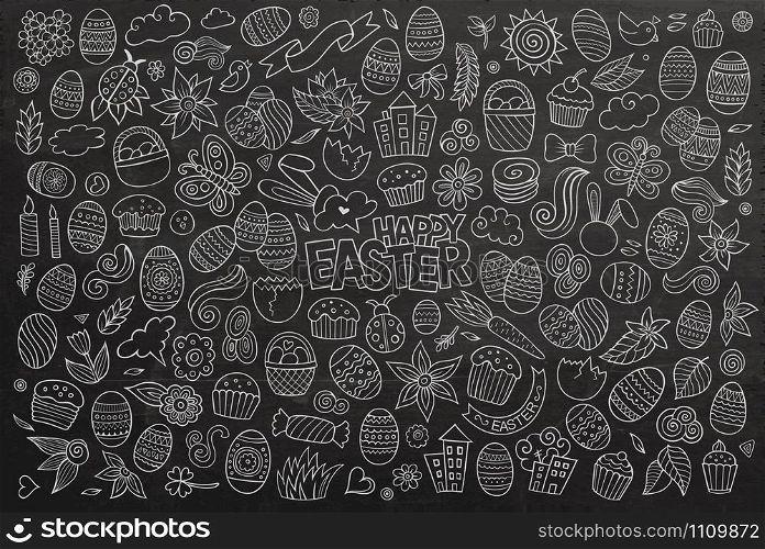 Chalkboard vector hand drawn doodles cartoon set of Easter objects and symbols. Chalkboard vector doodles cartoon set of Easter objects