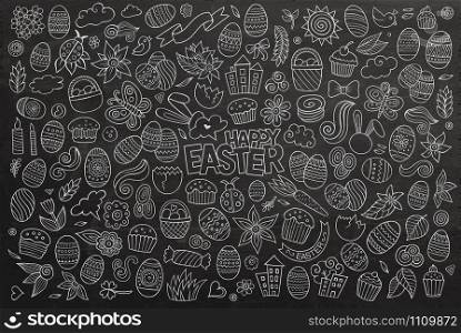 Chalkboard vector hand drawn doodles cartoon set of Easter objects and symbols. Chalkboard vector doodles cartoon set of Easter objects