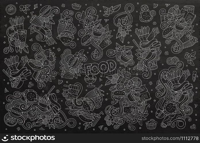 Chalkboard vector hand drawn doodles cartoon set of food objects and symbols. Chalkboard vector hand drawn doodles cartoon set of food objects