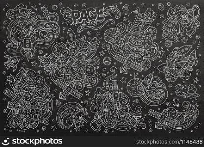 Chalkboard vector hand drawn doodles cartoon set of Space objects and symbols. Chalkboard vector hand drawn doodles cartoon set of Space objects
