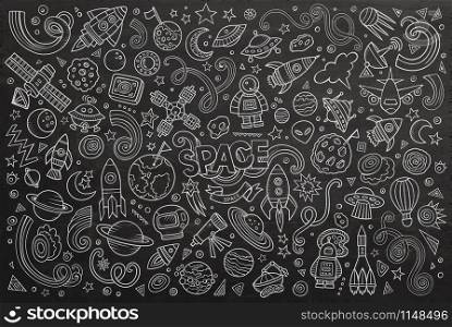 Chalkboard vector hand drawn doodles cartoon set of Space objects and symbols. Chalkboard vector hand drawn doodles cartoon set of Space object