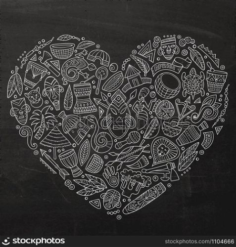 Chalkboard vector hand drawn set of Africa cartoon doodle objects, symbols and items. Heart form composition. Set of Africa cartoon doodle objects