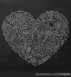 Chalkboard vector hand drawn set of Africa cartoon doodle objects, symbols and items. Heart form composition. Set of Africa cartoon doodle objects
