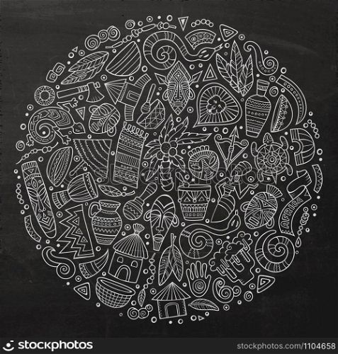 Chalkboard vector hand drawn set of Africa cartoon doodle objects, symbols and items. Round composition. Set of Africa cartoon doodle objects