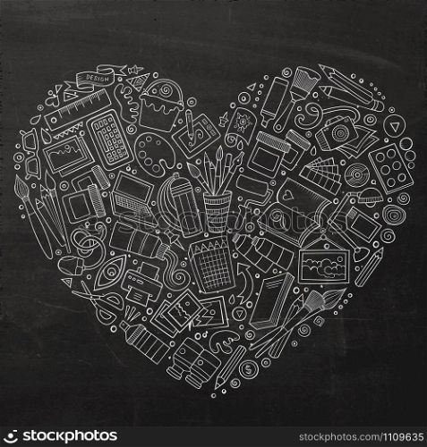 Chalkboard vector hand drawn set of Art and Design cartoon doodle objects, symbols and items. Heart form composition. Set of Art and Design cartoon doodle objects