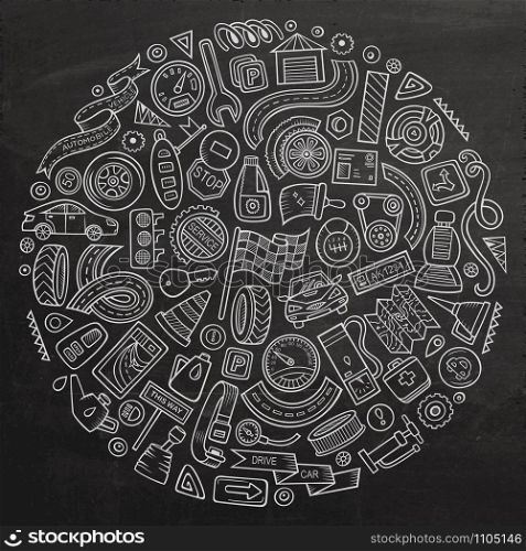 Chalkboard vector hand drawn set of Automobile cartoon doodle objects, symbols and items. Round composition. Vector set of Automobile cartoon objects